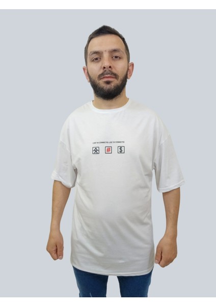 Erkek Lost Oversize Bisiklet Yaka Beyaz Tişört
