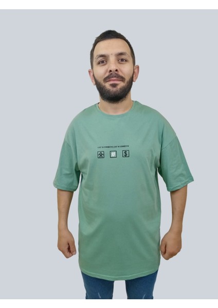 Erkek Lost Oversize Bisiklet Yaka Mint Yeşili Tişört