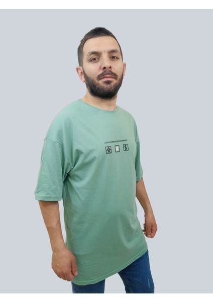 Erkek Lost Oversize Bisiklet Yaka Mint Yeşili Tişört