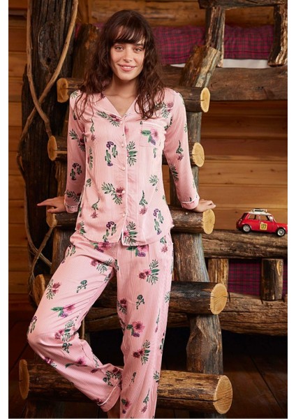 Aydoğan Kadın Boydan Düğmeli Çizgili Çiçek Desenli Pijama Takımı Uzun Kollu Viskon Poplin