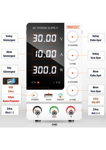 0-30V/10A Ayarlı Dc Güç Kaynağı Voltaj Regülatörü Power Supply - Beyaz