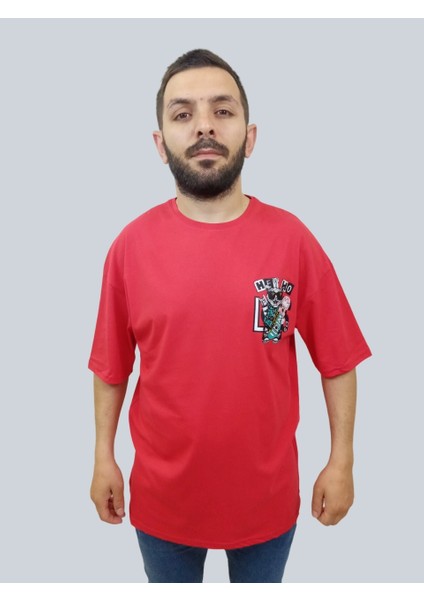 Erkek Hey Oversize Bisiklet Yaka Kırmızı Tişört