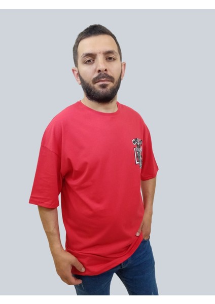 Erkek Hey Oversize Bisiklet Yaka Kırmızı Tişört