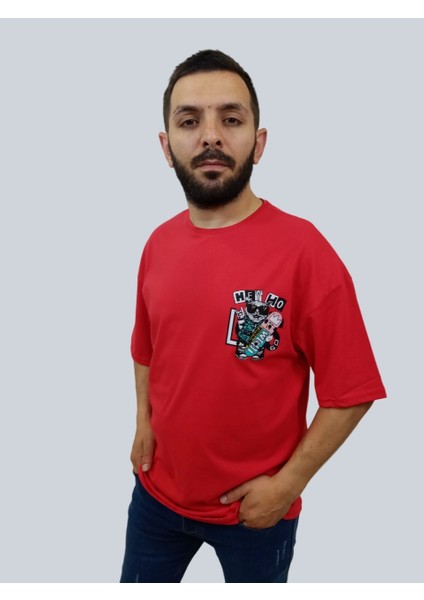 Erkek Hey Oversize Bisiklet Yaka Kırmızı Tişört