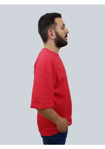 Erkek Hey Oversize Bisiklet Yaka Kırmızı Tişört