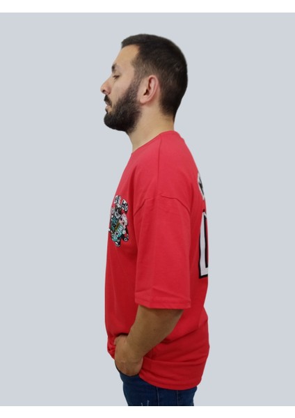 Erkek Hey Oversize Bisiklet Yaka Kırmızı Tişört