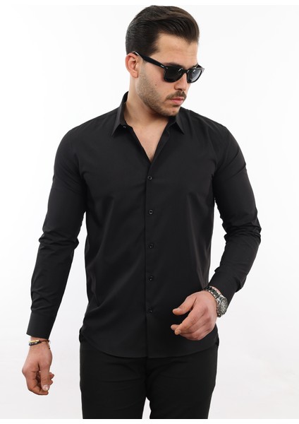 Slim Fit Uzun Kollu Kolay Ütü Nefes Alan Doku Kravatlık Dört Mevsim Siyah Erkek Gömlek SLM-5110-TSS