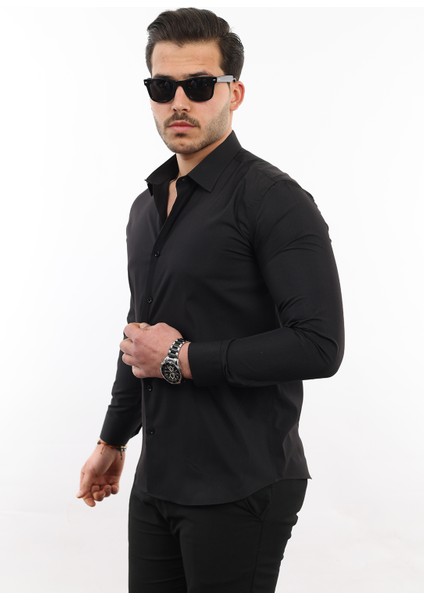 Slim Fit Uzun Kollu Kolay Ütü Nefes Alan Doku Kravatlık Dört Mevsim Siyah Erkek Gömlek SLM-5110-TSS
