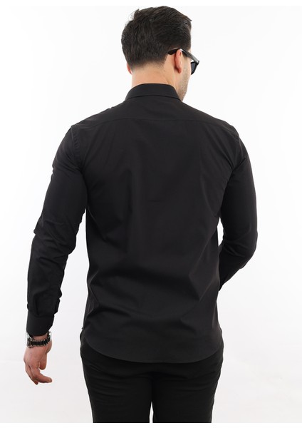 Slim Fit Uzun Kollu Kolay Ütü Nefes Alan Doku Kravatlık Dört Mevsim Siyah Erkek Gömlek SLM-5110-TSS