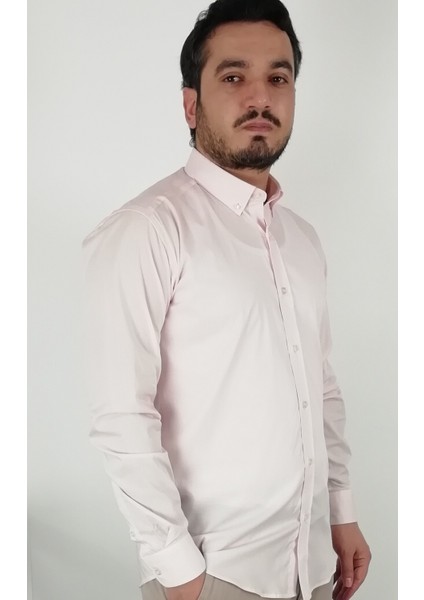 Erkek Pembe-Beyaz Pitikareli Uzun Kol Düğmeli Yaka Likralı Pamuk Gömlek SLM-5059-TSS