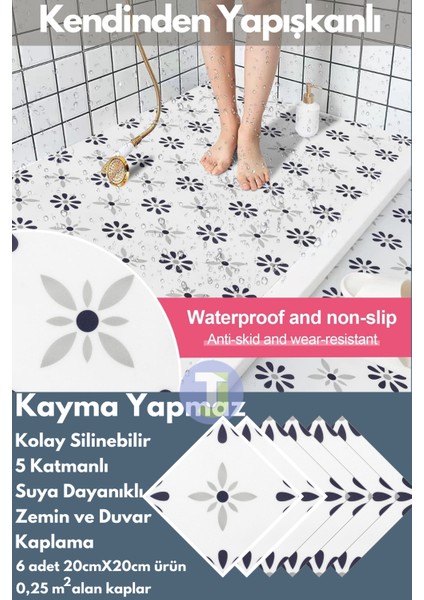 Kendinden Yapışkanlı Karo Pvc Mutfak Banyo Tezgah Kaplama Sticker 6 Adet 20 cm × 20 cm