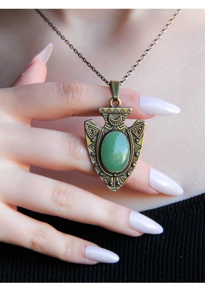 Doğal Taş Yeşil Akik Doğal Taşlı Otantik Kadın Kolye 45 cm Zincirli EUK12YA