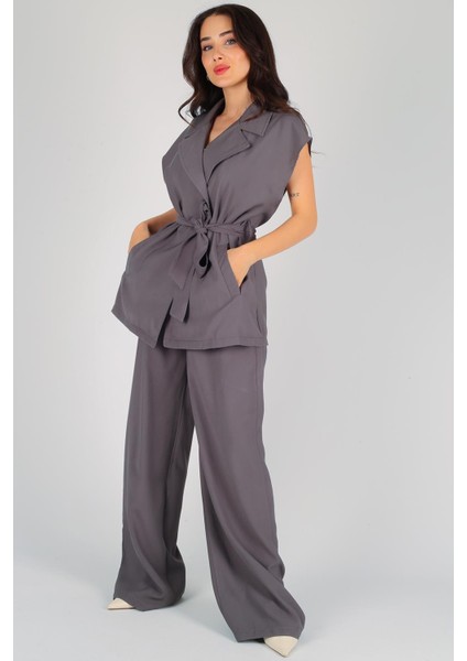 Kadın Gri Kimono Pantolon Takım