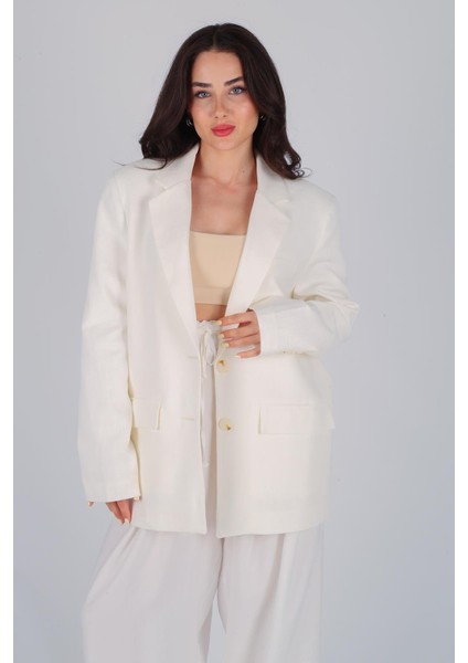 Kadın Ekru Düğmeli Keten Blazer Ceket