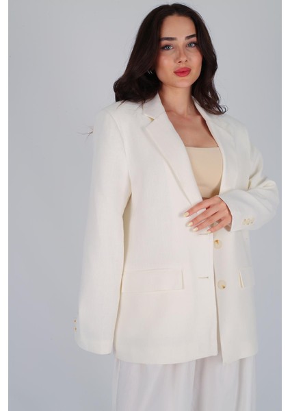 Kadın Ekru Düğmeli Keten Blazer Ceket modelleri
