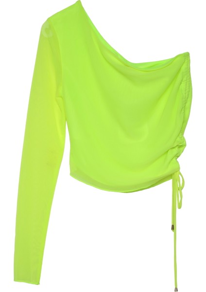 Yanı Büzgü Detaylı Tek Omuz Tül Bluz Neon Sarı