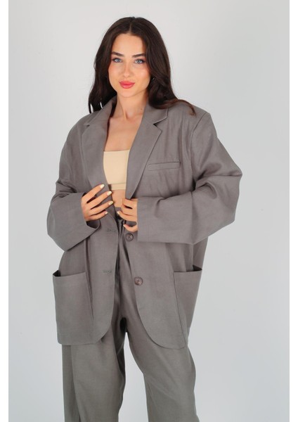Kadın Haki Oversize Düğmeli Keten Ceket