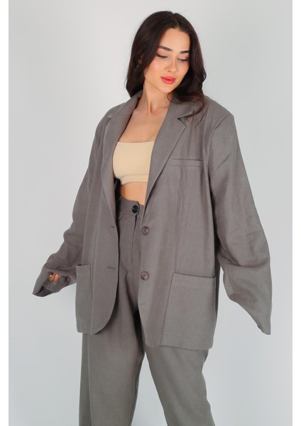 Kadın Haki Oversize Düğmeli Keten Ceket fiyatları