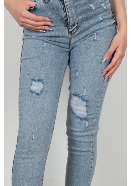 Kadın Lazerli Skinny Jean Mavi Kar Yıkama - 1051 fırsatları