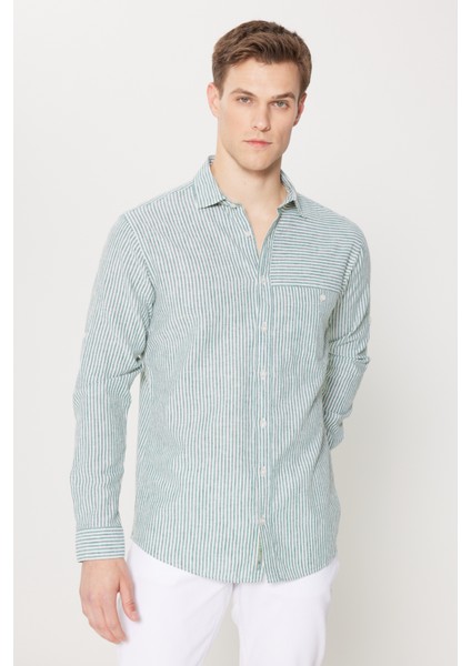 Slim Fit Dar Kesim Pamuk Keten Klasik Yaka Çizgili Gömlek modelleri