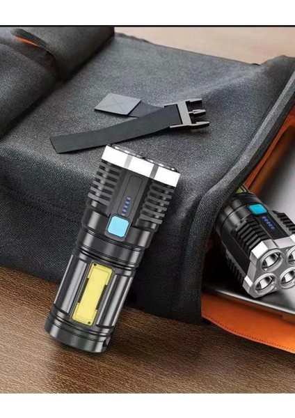 Ultra Parlak El Feneri USB Şarj 4 Led+Yan Cob LED Taktik Günlük Hayat Kamp Avcılık El Feneri