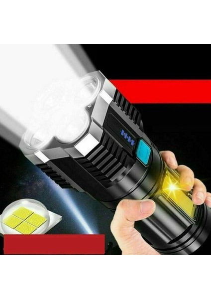 Ultra Parlak El Feneri USB Şarj 4 Led+Yan Cob LED Taktik Günlük Hayat Kamp Avcılık El Feneri