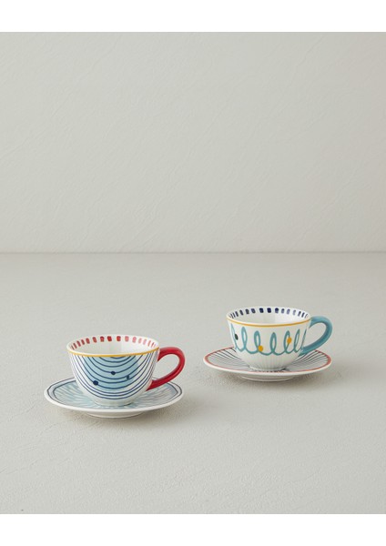 Arzu Sabancı Mix Stoneware 4 Parça 2 Kişilik Kahve Fincan Takımı 80 ml Mavi-Terracotta