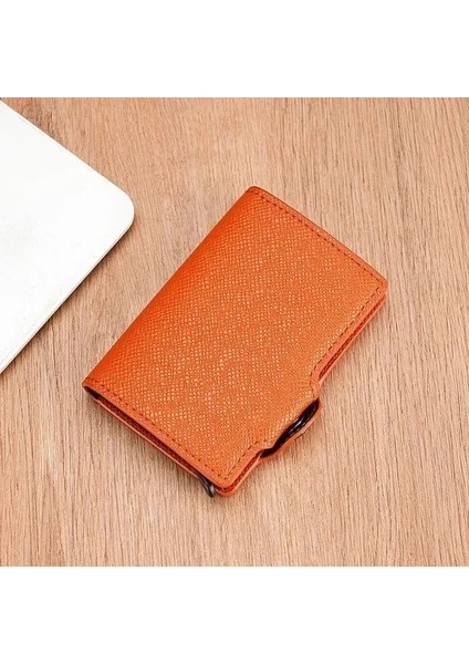 Turuncu Çapraz Desen Yeni Pu Otomatik Açılır Kart Tutucu Metal Kredi Kartı Kutusu Cüzdan Aşınmaya Dayanıklı Katlanabilir Rfid Anti-Manyetik Erkek Kart Sahibinin (Yurt Dışından)