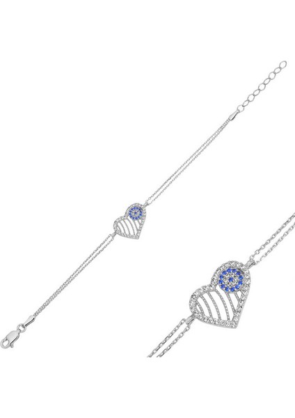 925 Ayar Gümüş Nazarlı Kalp Kadın Bileklik