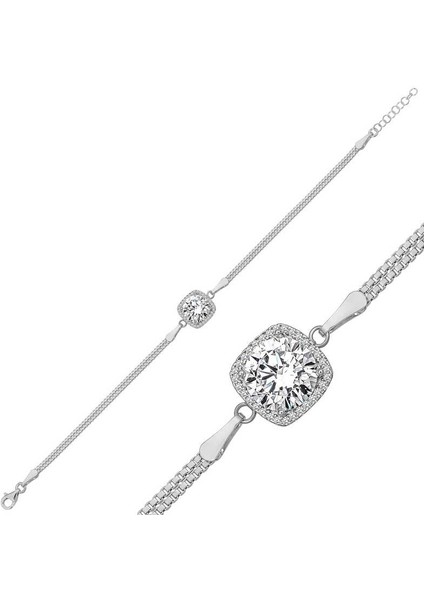 Gümüş Kare Montür Beyaz Taşlı Kadın Bileklik