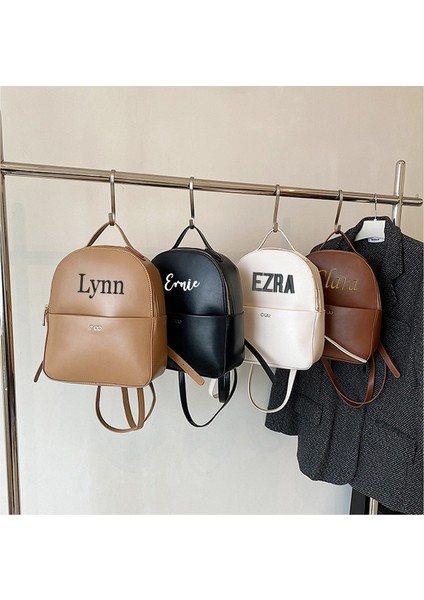 Haki Işlemeli Isim Işlemeli Isim Kadın Retro Sırt Çantası Pu Yumuşak Deri Rahat Açık Sırt Çantası Moda ve Basit Sırt Çantası (Yurt Dışından)