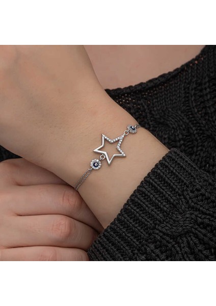 925 Ayar Gümüş Yıldız Nazarlı Kadın Bileklik indirimleri