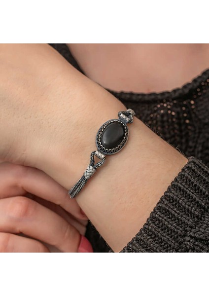 Gümüş Oniks Taşlı Kazaziye Bileklik modelleri
