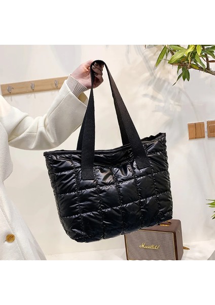 Siyah Moda Büyük Tote Yastıklı Çanta Kadın Naylon Pamuk Yastıklı Kapitone Kafes Çanta Uzay Pamuk Crossbody Çanta Kış Çanta (Yurt Dışından)