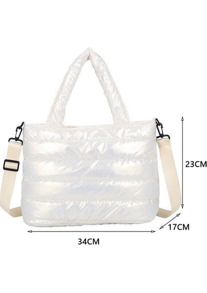 Beyaz Moda Kış Uzay Yastıklı Pamuk Kadın Crossbody Çanta Rahat Naylon Büyük Kapasiteli Kadın Omuz Çantaları Düz Renk Çanta (Yurt Dışından)