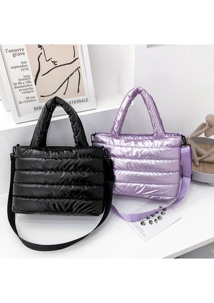 Beyaz Moda Kış Uzay Yastıklı Pamuk Kadın Crossbody Çanta Rahat Naylon Büyük Kapasiteli Kadın Omuz Çantaları Düz Renk Çanta (Yurt Dışından) fırsatları