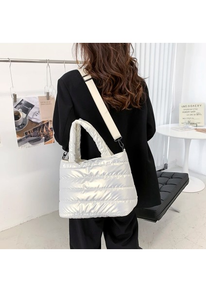 Beyaz Moda Kış Uzay Yastıklı Pamuk Kadın Crossbody Çanta Rahat Naylon Büyük Kapasiteli Kadın Omuz Çantaları Düz Renk Çanta (Yurt Dışından) indirimleri