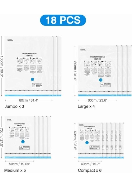 Sadece 18 Torba Combo Vakum Saklama Çantası Elbise Saklama Çantası Katlanır Sıkıştırılmış Organizatör Space Saver Seyahat Mühür Paketi Yatak Yastıklar Havlu (Yurt Dışından)