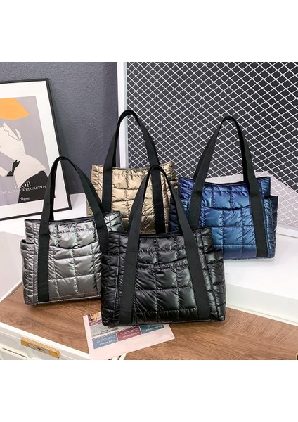 Mavi Uzay Yastıklı Kadın Omuz Çantaları Kış Büyük Kapasiteli Siyah Çanta Tasarımcısı Naylon Pamuk Sıcak Tote Katı Alışveriş Çantaları (Yurt Dışından) fiyatları