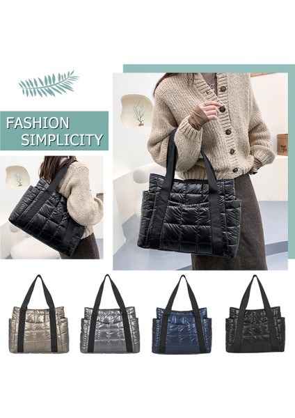 Mavi Uzay Yastıklı Kadın Omuz Çantaları Kış Büyük Kapasiteli Siyah Çanta Tasarımcısı Naylon Pamuk Sıcak Tote Katı Alışveriş Çantaları (Yurt Dışından) indirimleri