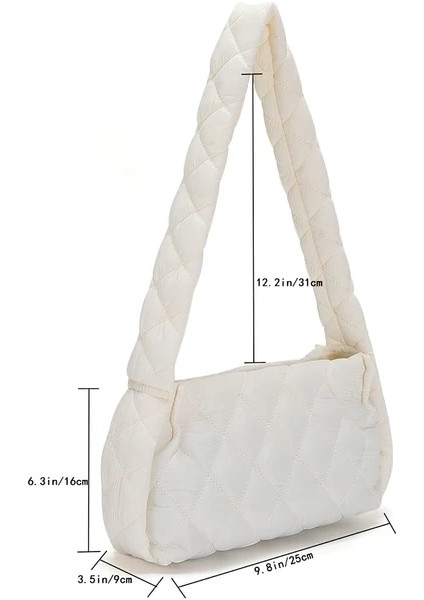 Beyaz Pamuk Kafes Desen Omuz Çantası Uzay Pamuk Crossbody Çanta Bayanlar Büyük Kapasiteli Tote Çanta Tüy Yastıklı Kadın Kapitone Alışveriş Çantası (Yurt Dışından)