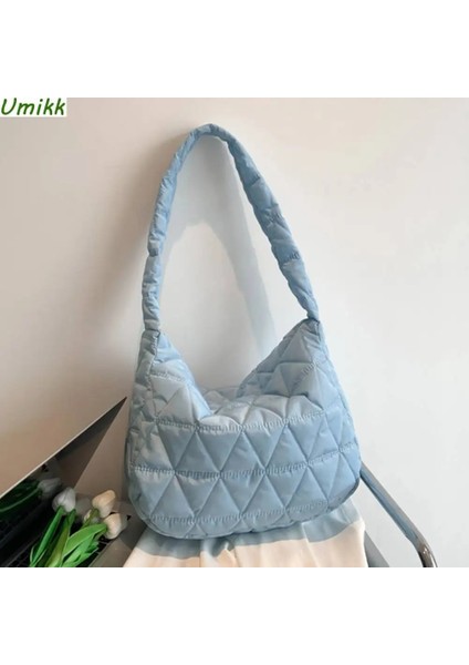 Beyaz Pamuk Kafes Desen Omuz Çantası Uzay Pamuk Crossbody Çanta Bayanlar Büyük Kapasiteli Tote Çanta Tüy Yastıklı Kadın Kapitone Alışveriş Çantası (Yurt Dışından) modelleri