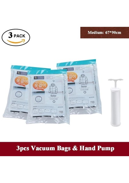 3 Orta ve Pompalı Askılı Dolap Vakum Saklama Torbaları Orta ve Büyük Boyutlu Organizatör Yerden Tasarruf Dolap Sıkıştırılmış Askı Elbise Organizasyonu (Yurt Dışından)