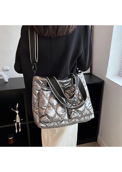 Yeşil 35CMX14CMX39CM Moda Kış Uzay Pamuk Kadın Omuz Çantası Aşağı Dolum Bayan Çanta Büyük Kapasiteli Bez Çantalar Kapitone Alışveriş Seyahat Çantası (Yurt Dışından) fiyatları