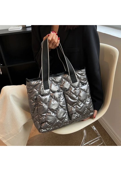 Yeşil 35CMX14CMX39CM Moda Kış Uzay Pamuk Kadın Omuz Çantası Aşağı Dolum Bayan Çanta Büyük Kapasiteli Bez Çantalar Kapitone Alışveriş Seyahat Çantası (Yurt Dışından) modelleri