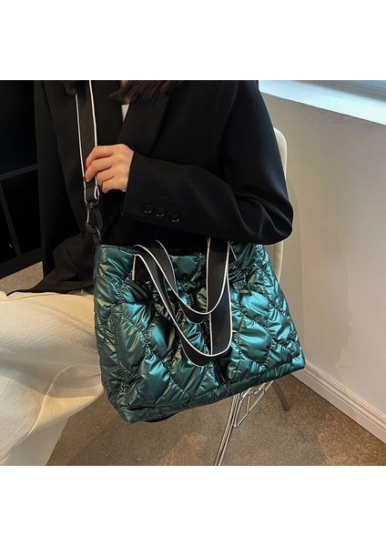 Yeşil 35CMX14CMX39CM Moda Kış Uzay Pamuk Kadın Omuz Çantası Aşağı Dolum Bayan Çanta Büyük Kapasiteli Bez Çantalar Kapitone Alışveriş Seyahat Çantası (Yurt Dışından) indirimleri