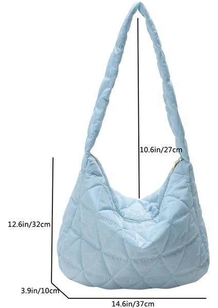 Mavi Naylon Kafes Desen Omuz Çantası Uzay Pamuk Crossbody Çanta Bayanlar Büyük Kapasiteli Tote Çanta Tüy Yastıklı Kadın Kapitone Alışveriş Çantası (Yurt Dışından)