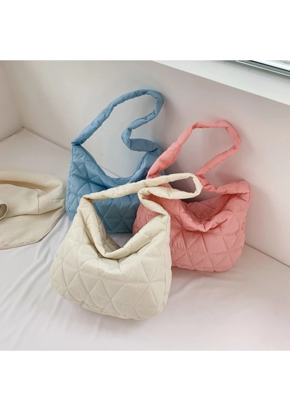 Mavi Naylon Kafes Desen Omuz Çantası Uzay Pamuk Crossbody Çanta Bayanlar Büyük Kapasiteli Tote Çanta Tüy Yastıklı Kadın Kapitone Alışveriş Çantası (Yurt Dışından) fırsatları