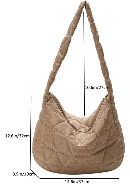 Haki Naylon 2023 Kadın Kafes Desen Satchel Tüy Yastıklı Kadın Kapitone Tote Çanta Uzay Pamuk Omuz Çantası Büyük Kapasiteli Crossbody Çanta (Yurt Dışından)