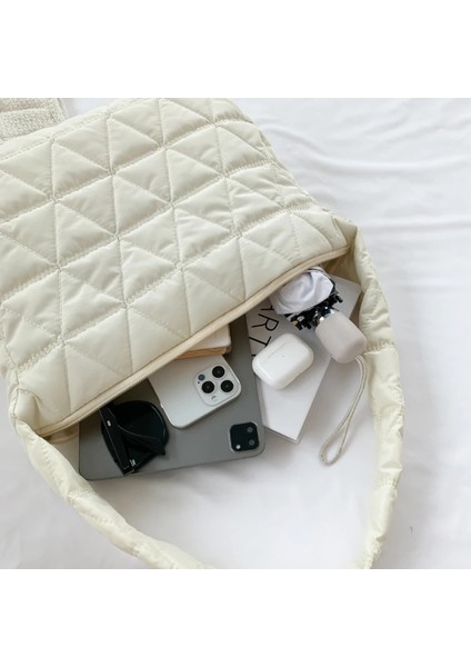 Haki Naylon 2023 Kadın Kafes Desen Satchel Tüy Yastıklı Kadın Kapitone Tote Çanta Uzay Pamuk Omuz Çantası Büyük Kapasiteli Crossbody Çanta (Yurt Dışından) indirimleri